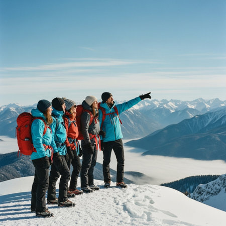Group of friends with backpacks on the top of a snowy mountainの素材