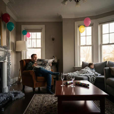 Young Man Relaxing On Sofa At Home Reading Newspaper And Drinking Wineの素材