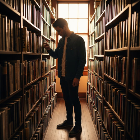 Handsome young man standing in a library and choosing a bookの素材