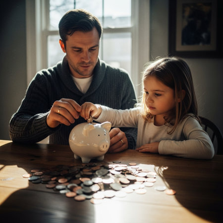 Father and daughter putting coins into a piggy bank at home.の素材