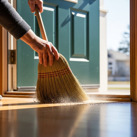 Close-up of a woman sweeping the floor with a broom.の素材