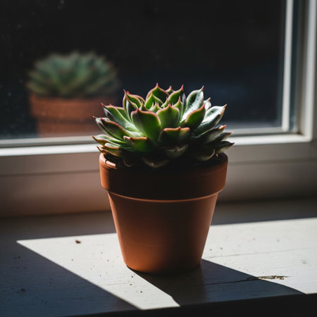 Succulent plant in a terracotta pot on the windowsillの素材