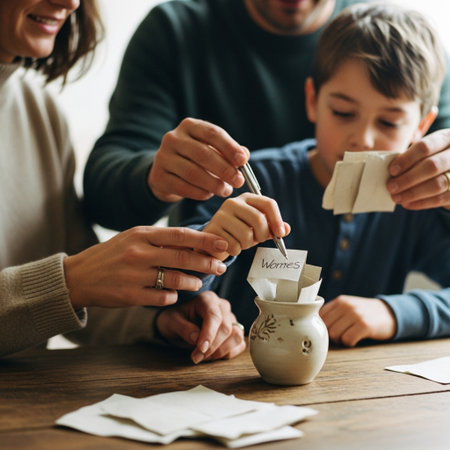 Photo of happy family indoors at home. Mother, father and son painting ceramic pot.の素材