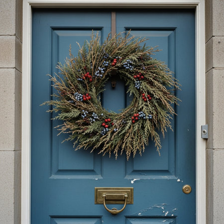 Christmas wreath on a blue door in New York City, USA.の素材
