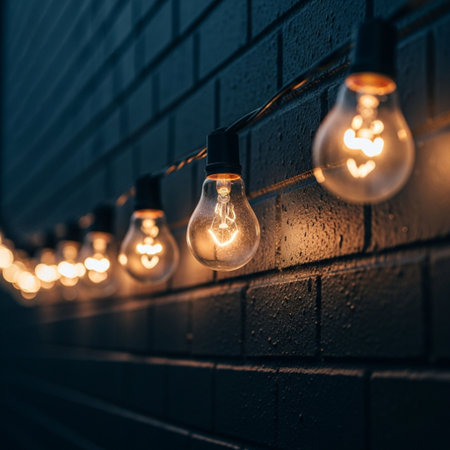 Glowing retro light bulbs on brick wall background. Vintage concept.の素材