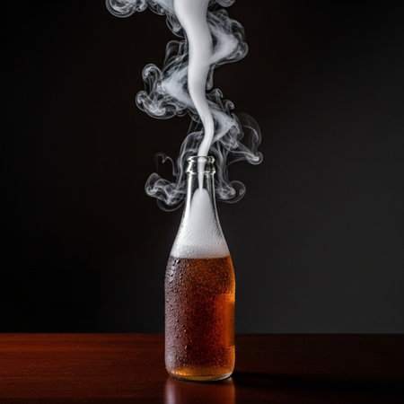 bottle of beer with smoke on a wooden table on a black backgroundの素材