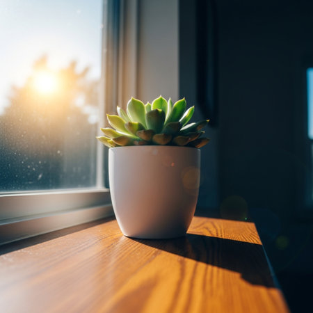 Succulent in a white pot on the windowsill at sunsetの素材
