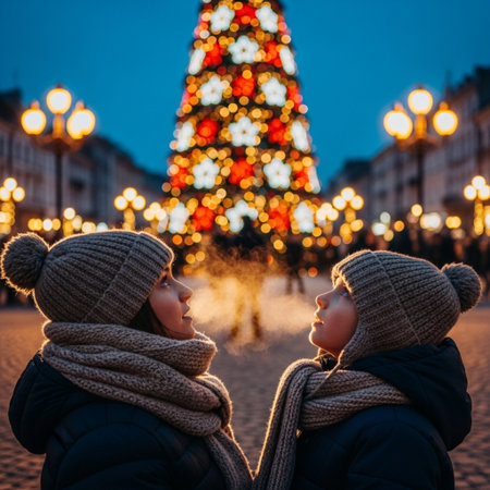 Two kids, boy and girl, standing in front of a decorated Christmas tree in the center of Krakow, Polandの素材
