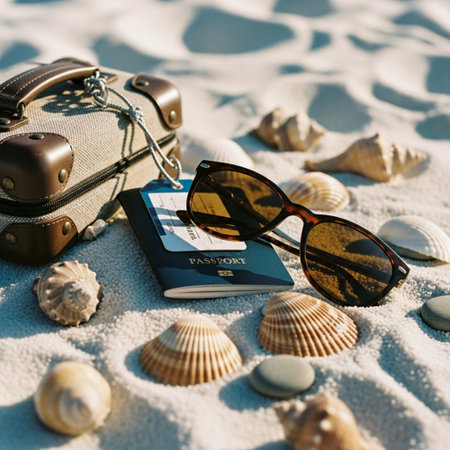 passport, sunglasses and seashells on sandy beach, travel conceptの素材
