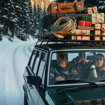 Car loaded with Christmas gifts on the roof of a car. Winter forest.の素材