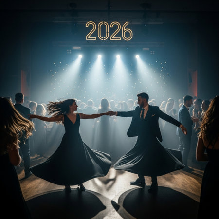 New Year's 2026 Eve celebration in the club. Silhouettes of dancing peopleの素材