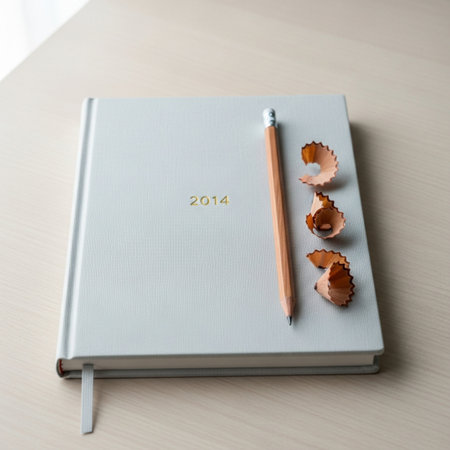 Notebook with pencil on wooden table, new year 2018 concept.の素材