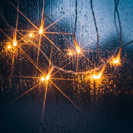 Glowing garland lights on window glass with rain drops. Bokeh backgroundの素材