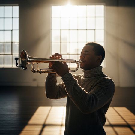 African American man playing the trumpet in a room with large windows.の素材