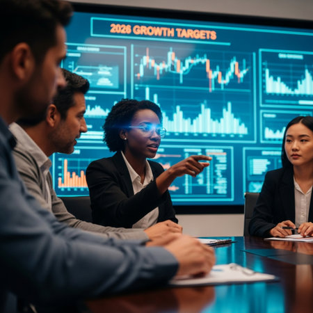 Group of business people discussing financial data at meeting. Businessman and businesswoman working together in modern office.の素材
