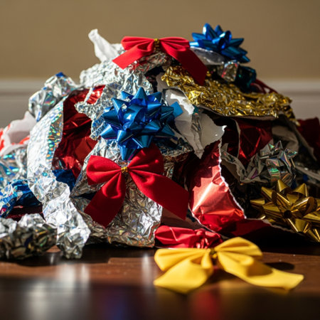 Close-up of a pile of crumpled colorful gifts.の素材