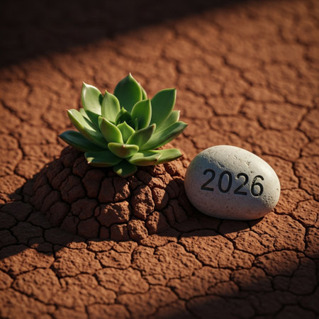 New year concept with a stone and succulent plant in the desertの素材