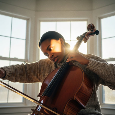 Young woman playing the cello at home. She is wearing a warm sweater.の素材