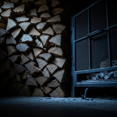Pile of firewood in a dark room. Firewood background.の素材