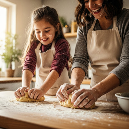 Cute little girl and her mother kneading dough in the kitchen.の素材