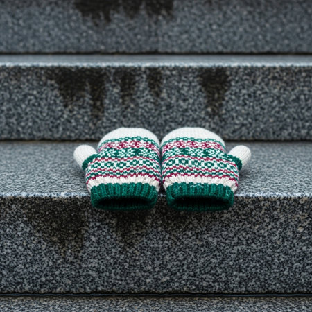 A pair of knitted woolen mittens on the steps.の素材