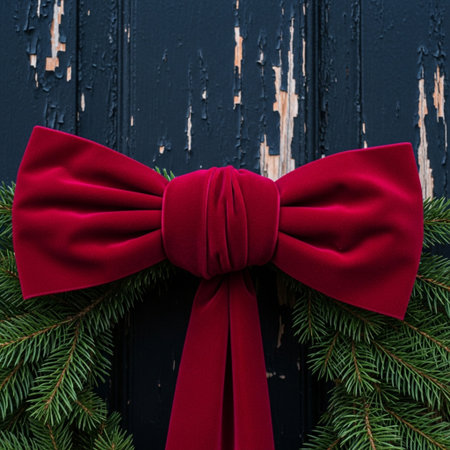 Red bow tie on a black wooden background with fir tree branches.の素材