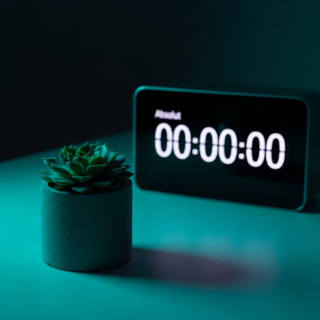 Indoor shot of a plant in a pot and a digital clock on a green backgroundの素材