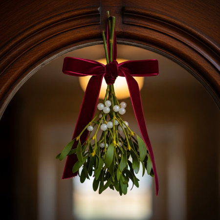 Bouquet of mistletoe hanging from a door with a red bowの素材