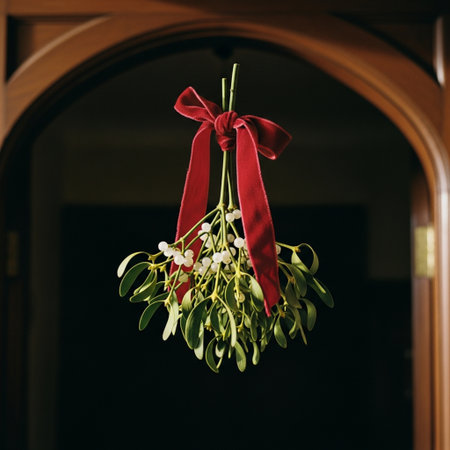 Mistletoe bouquet with red bow hanging on the door.の素材