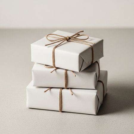 stack of white gift boxes tied with twine on grey background, copy spaceの素材