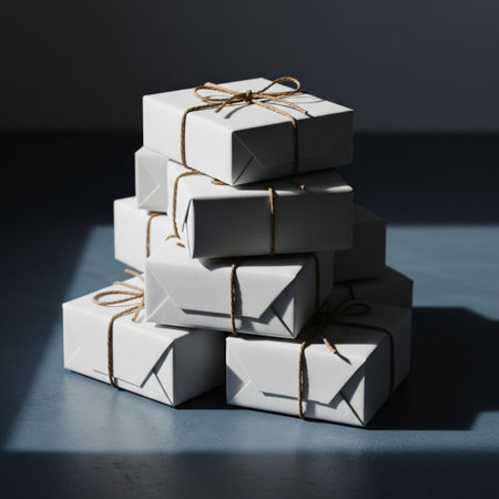 White gift boxes on a dark background. Christmas and New Year concept.の素材