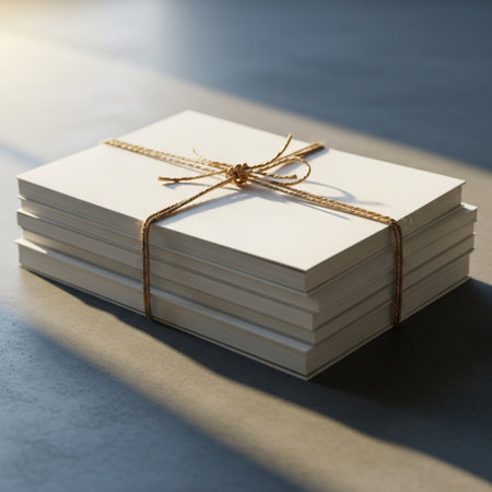 Stack of white business cards tied with twine and tied with twineの素材