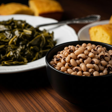 Black eye peas in a black bowl on a wooden background. Selective focus.の素材