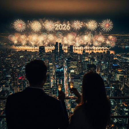 New Year's Eve celebration in New York City. Silhouette of couple holding champagne glasses and looking at fireworks.の素材