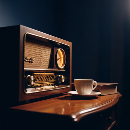 Retro radio and cup of coffee on a table in a roomの素材