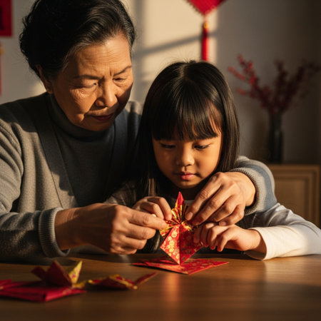 Asian Chinese little girl and her grandmother making origami star at homeの素材