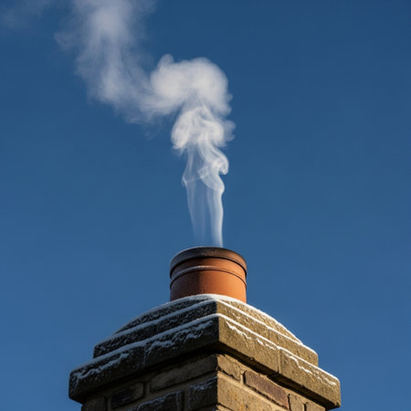 Smoke from a chimney in the winter against the blue skyの素材