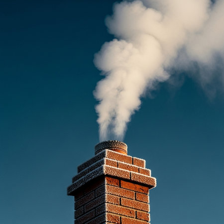 Smoke from a chimney on a background of blue sky.の素材