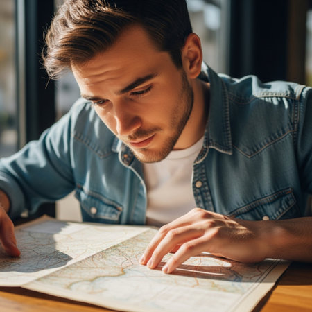 handsome young man looking at map at table in cafe, travel conceptの素材