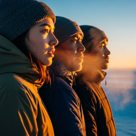 Young couple in winter clothes looking at each other on the beach.の素材