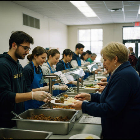 Volunteers serving food to the poor in the kitchen of the hospitalの素材