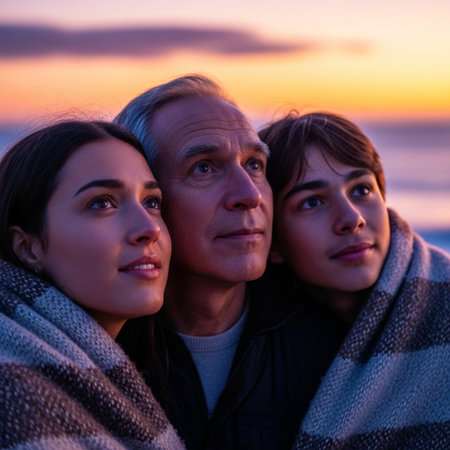 Portrait of family wrapped in blanket looking at camera at beach during sunsetの素材