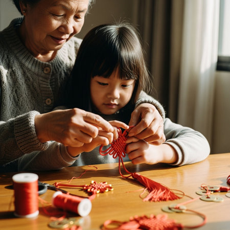 Asian grandmother and granddaughter knitting together at home. Asian family spending time together.の素材