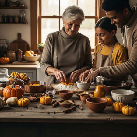 Happy family preparing pumpkin pie together in the kitchen at home. Mother, father and their son are preparing pumpkin pie.の素材
