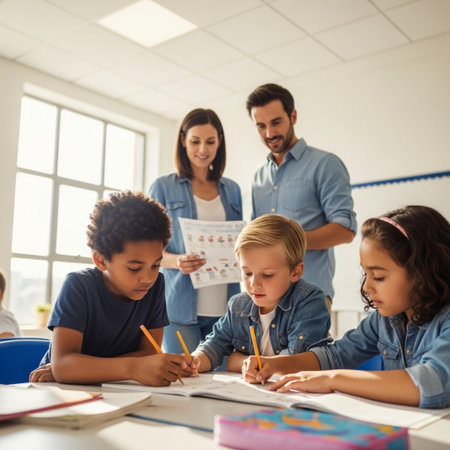 Portrait of a teacher helping her students in their classroom at schoolの素材