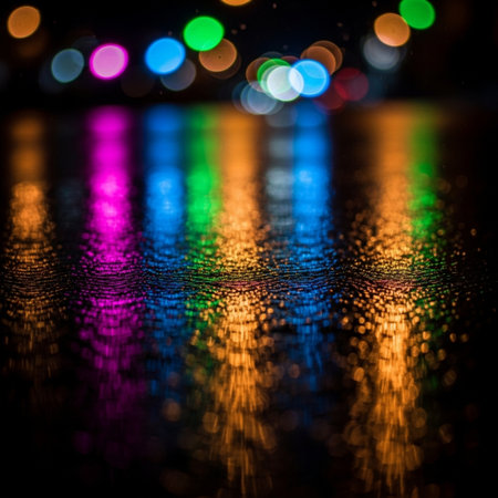 Rainbow bokeh on dark background. Colorful lights.の素材