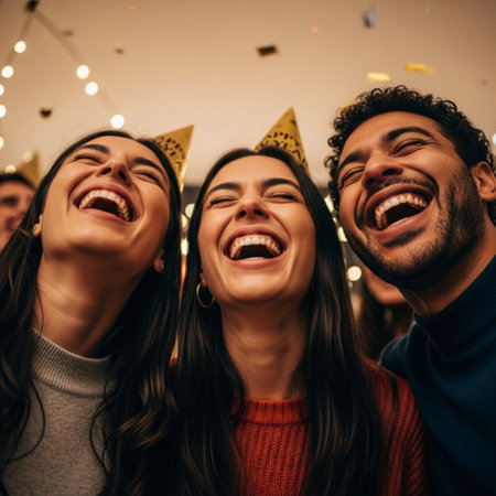 Group of young friends having fun at a birthday party. They are laughing and having fun.の素材