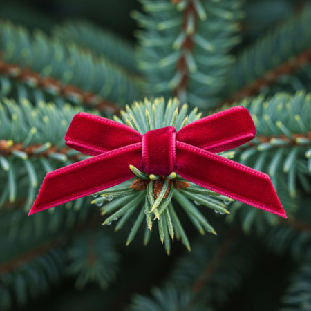 Red ribbon on a Christmas tree, close-up, selective focusの素材