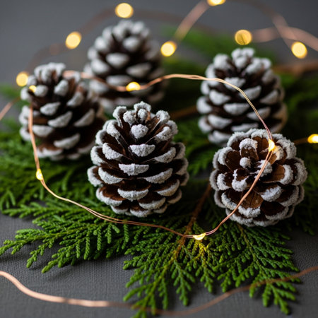 Christmas decoration with fir cones and garland on gray background, closeupの素材