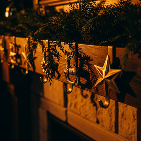 Christmas decoration on a wooden door in the form of a Christmas tree.の素材